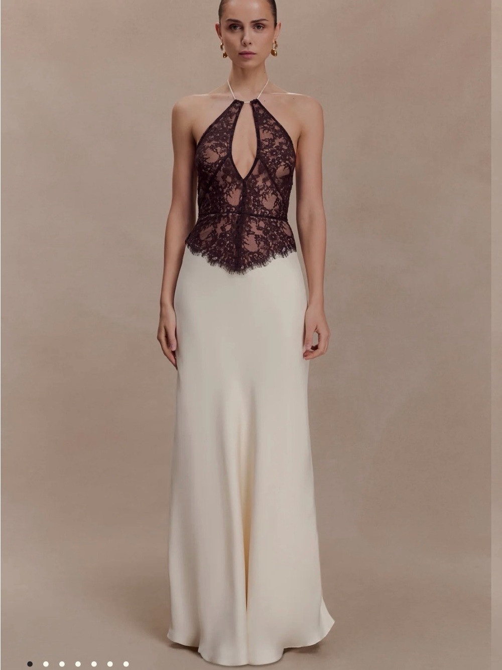 Meshki Lace And Satin Halter Maxi Dress - Ivory/Chocolate Size XS
